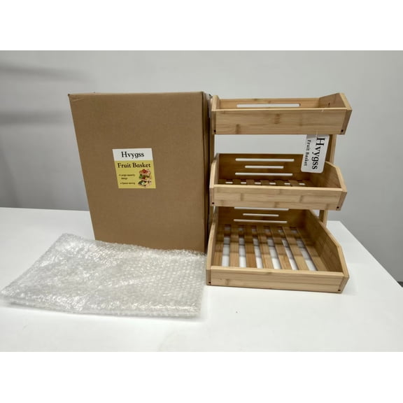 Hvygss 3 Tier Large Bamboo Fruit Basket for Kitchen Counter with 2 Banana Holders, Kitchen Countertop Organizer with Protective Mats, Tiered Fruit Bowl for Bread Snack Veggies with Dividers