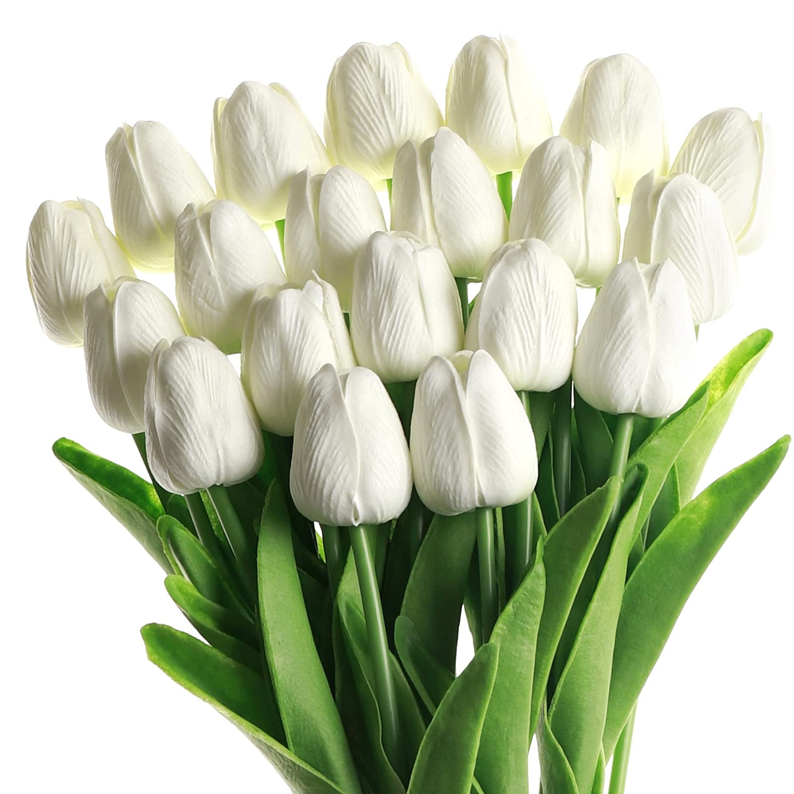 Hwawhin 13.8" Artificial Flowers PU and Plastic White Tulip Wedding Bouquet (20 Count)