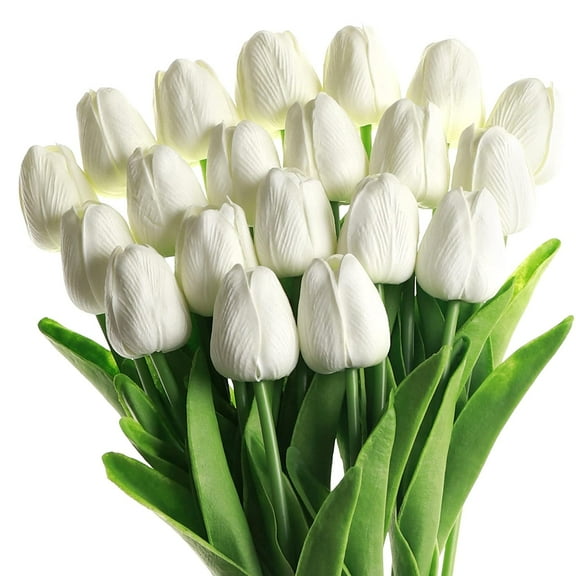 Hwawhin 13.8" Artificial Flowers PU and Plastic White Tulip Wedding Bouquet (20 Count)