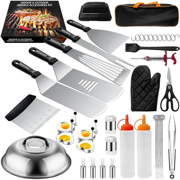Hwawhin 45PCS Griddle Accessories Kit, Flat Top Grill Accessories Set for Blackstone and Camp Chef, BBQ Grill Spatula Set with Basting Cover, Spatula, Scraper, Bottle, Tongs, Egg Ring for Outdoor BBQ