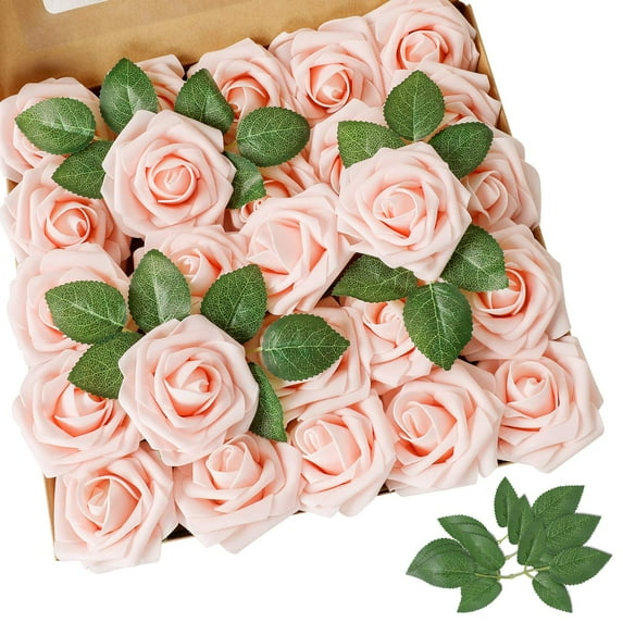 Hwawhin 50Pcs Artificial Rose Flowers, Fake Flowers with Stems for Decoration, Real Looking Foam Rose Bulk for DIY Wedding Bouquets Party Arrangements Tables Home Decorations,12 leaves, Pink