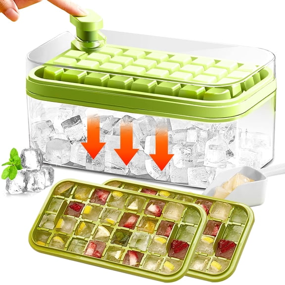 Hwawhin 64PCS Ice Cube Tray, Ice Cube Trays for Freezer with 2 Trays, Container, Lid & Ice Scoop, Easy Release Stackble Spill-Resistant Ice Cube Molds, Green
