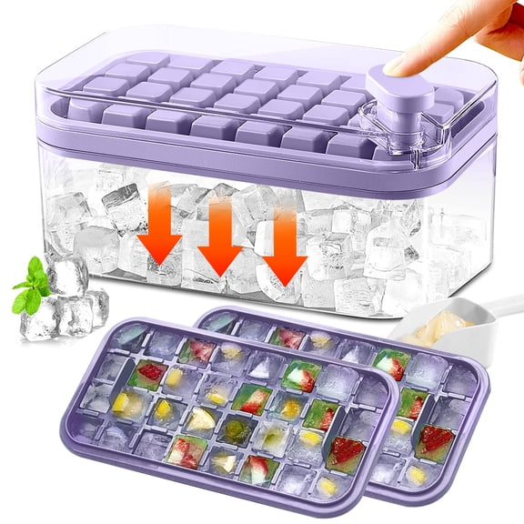 Hwawhin 64PCS Ice Cube Tray, Ice Cube Trays for Freezer with 2 Trays, Container, Lid & Ice Scoop, Easy Release Stackble Spill-Resistant Ice Cube Molds, Purple