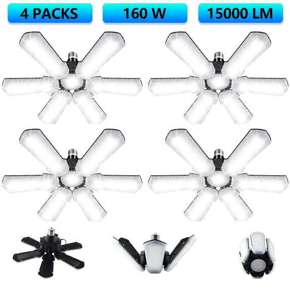 Hwawhin LED Garage Lights-4 Packs, Super Bright 160W 15000LM 6500K Deformable Shop Ceiling Lighting Fixture with 6+1 Panels E26/E27 Socket LED Bulbs for Basement ,Garage,High Bay Light ,Workshop,Barn