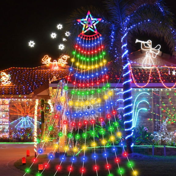 Hwawhin Outdoor Christmas Decorations Star String Lights, 8 Modes & 350 LED 11.5ft Waterfall Tree Lights with Star Topper for Christmas Indoor Outdoor Holiday New Year Lighting Decorations, Plug-in