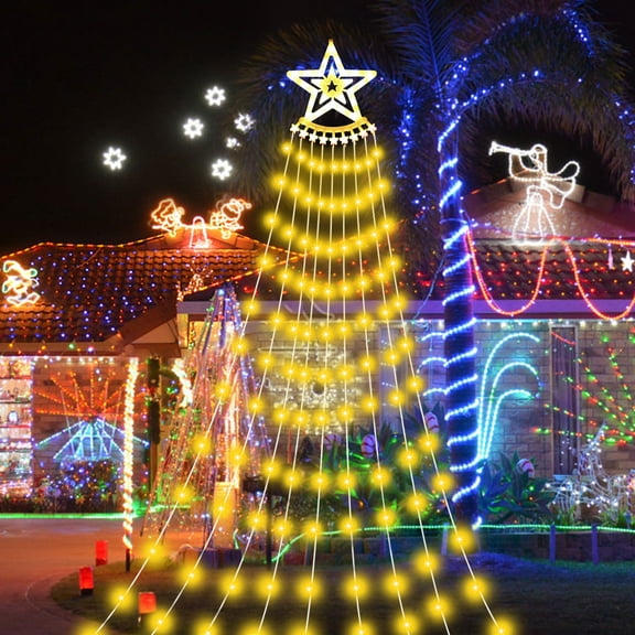 Hwawhin Outdoor Christmas Decorations Star String Lights, 8 Modes & 350 LED 11.5ft Waterfall Tree Lights with Star Topper for Christmas Indoor Outdoor Holiday New Year Lighting Decorations, Plug-in