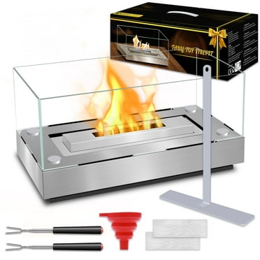Hwawhin Tabletop Fire Pit Rectangular,Indoor Tabletop Fireplace Outdoor Portable Table top firepit with Glass Panels,Smokeless Burn Fireplace for Patio Backyard Dinner Party Tabletop (Sliver)