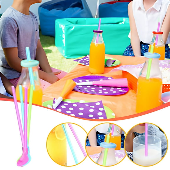 Hwkond 1PC Straw Spoon Plastic Colorful Purpose Plastic Spoon Integrated Straw Spoon Kitchen Mixing Tool