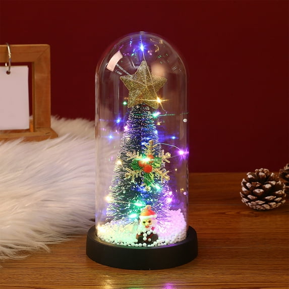 Hwkond Arbol De Navidad Mini Christmas Tree Glass Cover LED Color Light Decoration Ornament Christmas Desktop Decoration Ornament