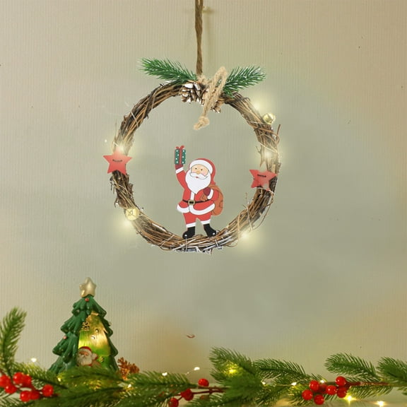 Hwkond Christmas Wreath with Lights Christmas Hoop Wreath , Santa Claus Lighted Wreath,7.8inch Merry And Bright Christmas Wreath For Front Door,red Front Porch Decor,Modern