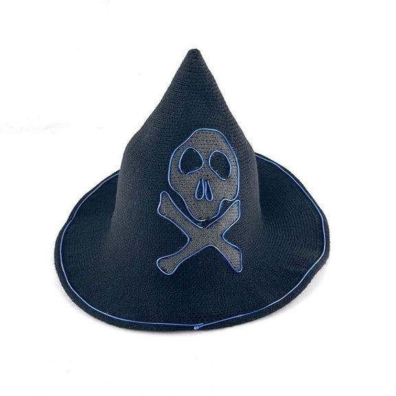 Hwkond Halloween Witch Hats, Skull Hair Light Pointys Wizardss Hat Large Brims Knitted Hat European And Ghost Day Party Decoration Halloween LED Hat,black