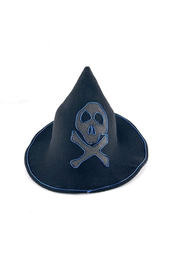 Hwkond Halloween Witch Hats, Skull Hair Light Pointys Wizardss Hat Large Brims Knitted Hat European And Ghost Day Party Decoration Halloween LED Hat,black