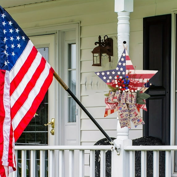 Hwkond Independence Day Decor 4th Of July Patriotic Welcome Sign - Wooden Independence Day Wreath White Blue Red Bow Wreath For Memorial Day Door Sign Hanging Decoration on Clearance
