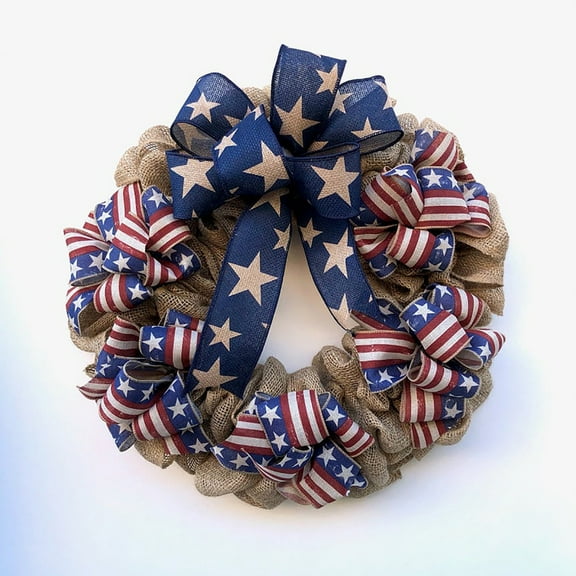 Hwkond Party Supplies & Decor 11.8-Inch Rustic Red White And Blue Patriotic Fabric Front Door Wreath With Metal Star Bow Americana Decoration Indoor Outdoor 4th Of July Home Decor on Clearance