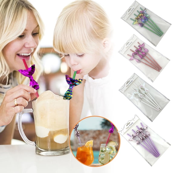 Hwkond Under $5 Plastic Straws Disposable Straw, Party Sequins, Fish Scales, Color Three-dimensional Fish Tail, Decorative Paper Straw