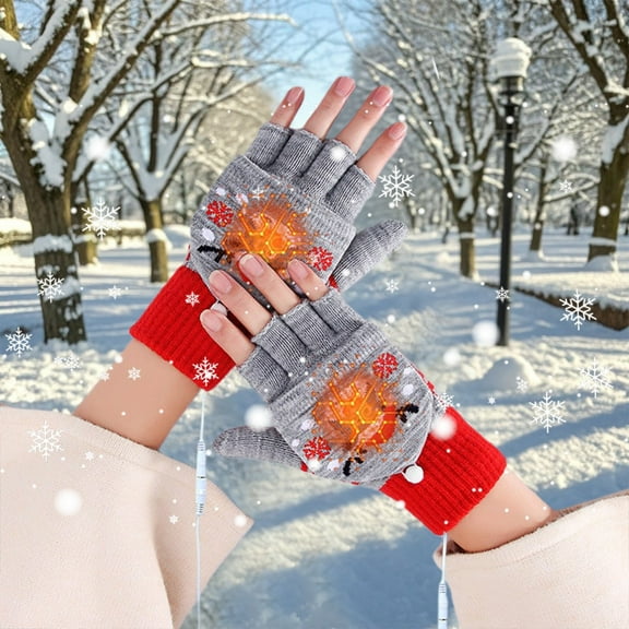 Hwkond Winter Gloves Women USB Electric Gloves Electric Warm Gloves Christmas Gloves Knitted Half Finger Flap Christmas Gloves Up to 65% off