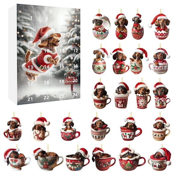 Hwkond Xmas Christmas Decorations Indoor 2024 Festival Vacation Advent Calendar 24 Day Christmas Countdown Calendar Dachshund Pendant With Santa Hats 2D Xmas Tree Chicken Ornaments