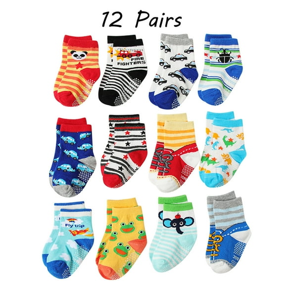 Hwmodou 12 Pack Baby Toddler Unisex Socks Baby Girl Boy Cartoon Prints Non Floor Socks Thermal Soft Fit,0M-5Y