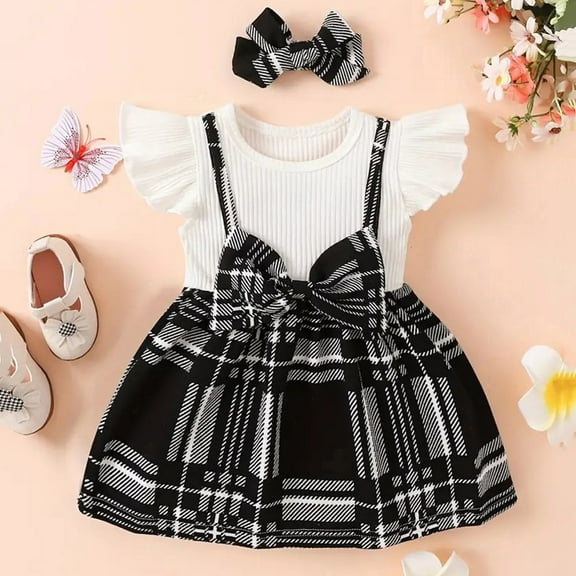 Hwmodou Baby Girl Clothes Baby Clothing Girls Plaid Spring Summer Fall Bowknot Short Sleeve Princess Dress Clothes Party Wear For Baby Girls