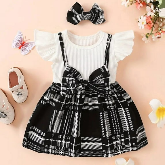 Hwmodou Baby Girl Clothes Baby Clothing Girls Plaid Spring Summer Fall Bowknot Short Sleeve Princess Dress Clothes Vintage-Inspired Outfits