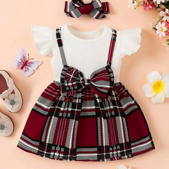 Hwmodou Baby Girl Clothes Baby Clothing Girls Plaid Spring Summer Fall Bowknot Short Sleeve Princess Dress Clothes Winter Girl Clothing