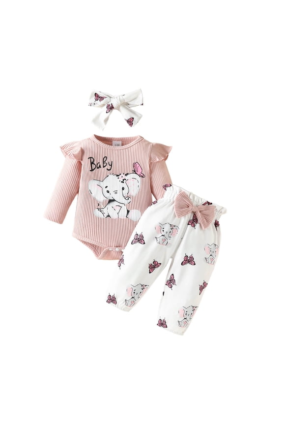 Baby Girl Clothes Elephant Outfit Ruffle Long Sleeve Ribbed Romper Top Cute Bow Pants Set with Headband,0-18M