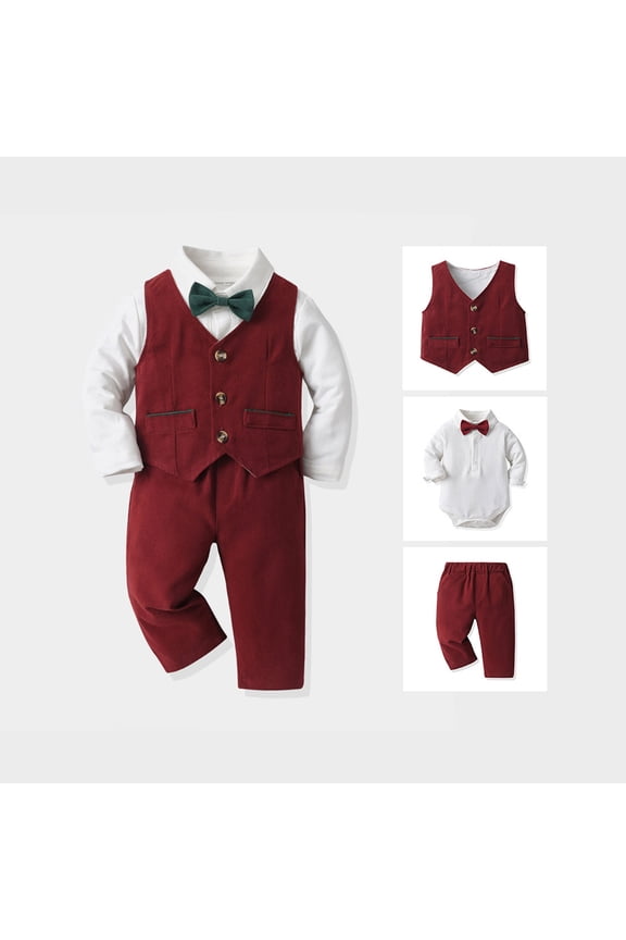 Baby Girl Clothes Infant Boys Long Sleeve Shirt Romper Bodysuit Pants Coat With Tie 4Pcs Child Kids Gentleman Outfits Vintage-Inspired Outfits