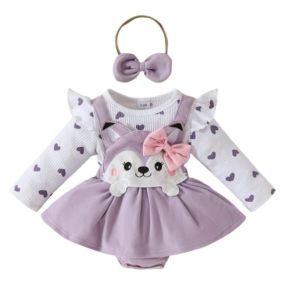 Hwmodou Baby Print Bodysuits Girls Cotton Blend Long Sleeve Cartoon Print Suspenders Romper Bodysuits Bow Tie Headbands Outfits Fall Winter Durable Baby Onesies,9-12M