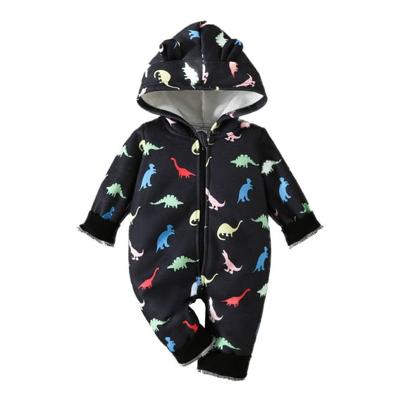 Hwmodou Boys Hooded Jumpsuits Unisex Cotton Blend Long Sleeve Cartoon Dinosaur Prints Hooded Romper Warm Jumpsuit Fall Winter Themed Jumpsuit,12-18M