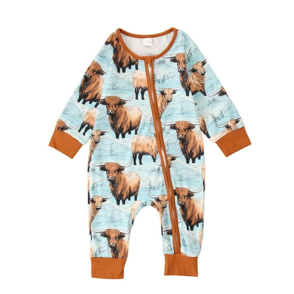 Hwmodou Boys Zip Up Jumpsuits Unisex Cotton Blend Toddler Cartoon Cattle Printing Pullover Romper Jumpsuit Clothes Fall Winter Casual Jumpsuit,6-12M