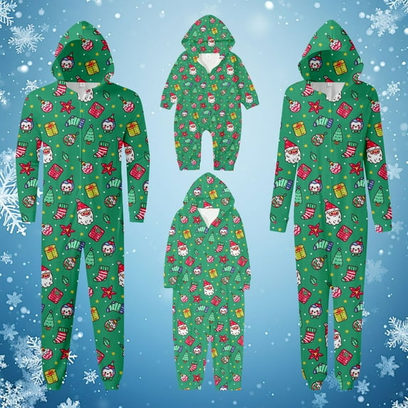 Hwmodou Christmas Family Matching Pajamas Set Green Xmas Gift Print Matching Loungewear Cozy Sleepwear With Zipper For Adults Kids Xmas Sleepwear Set