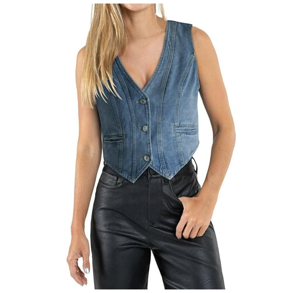 Hwmodou Denim Waistcoat For Women Womens Sleeveless V Neck Button Down Jean Jacket Summer Crop Tops Vintage Denim Vest For Women