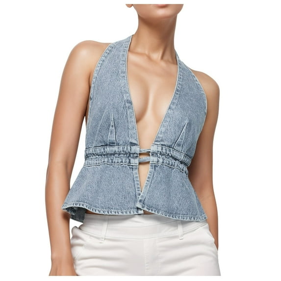 Hwmodou Denim Waistcoat For Women Womens Vintage Sleeveless Backless Tie Back Tank Top Halterneck Jean Vest Top Streetwear Cropped Denim Vest