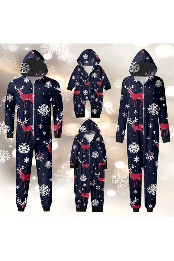 Family Matching Christmas Pajamas Set Cozy Homewear Snowflake Reindeer Print Hooded Loungewear6 Holiday Santa Claus Sleepwear Xmas Pjs Set For Couples And Kids