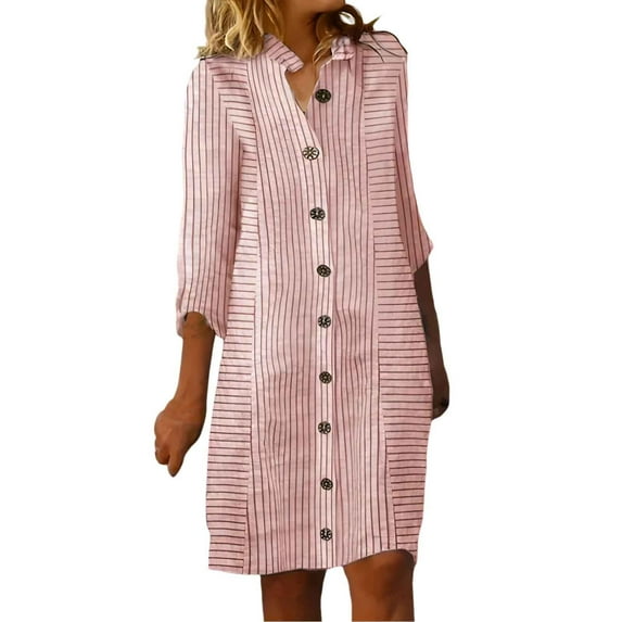 Hwmodou Female Dresses Elegant Women Fashion Versatile Striped Print Button Dress Casual Loose Shirt Dress Workout Sports Sundress For Woman Homwear Summer Dresses
