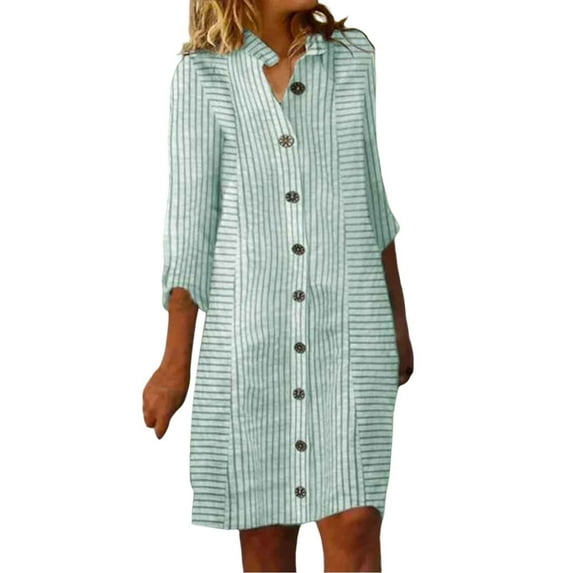 Hwmodou Female Dresses Elegant Women Fashion Versatile Striped Print Button Dress Casual Loose Shirt Dress Workout Sports Sundress For Woman Plus Size Summer Dresses