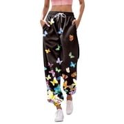 Hwmodou Female Pants Butterfly Printed High Waisted Jogger Bottom Sweat Pockets Sporty Gym Fit Slacks Office Workout Trousers For Woman
