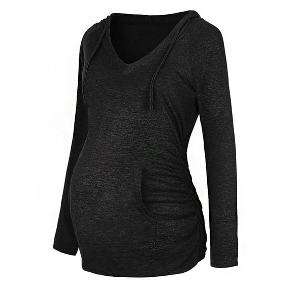 Hwmodou Female Pregnant T-Shirts Women Maternity Casual Long Sleeve V Neck Drawstring Hoodie Thin Sweatshirts Blouse Top With Pocket Pregnancy Clothes T-Shirt For Woman