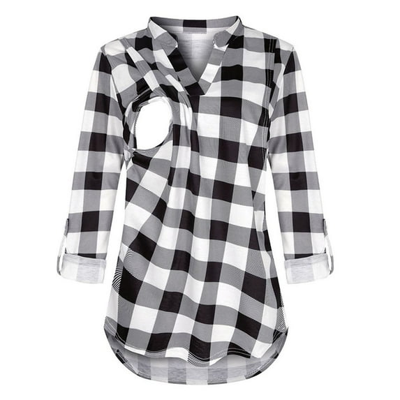 Hwmodou Female Tshirts Pregnant Womens Maternity Long Sleeve Plaid Printed g Shirts Blouse Breastfeeding V Neck Top Pregnancy Clothes T-Shirt For Woman