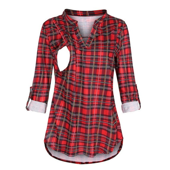 Hwmodou Female Tshirts Pregnant Womens Maternity Long Sleeve Plaid Printed g Shirts Blouse Breastfeeding V Neck Top Pregnancy Clothes T-Shirt For Woman
