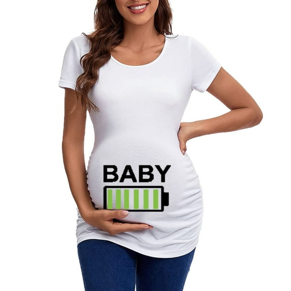 Hwmodou Female Tshirts Pregnant Womens Maternity Short Sleeve Crew Neck Cute Funny Graphic Ruched Sides T Shirt Tops Tunic Blouse Woman Classic Pregnancy Clothes