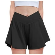 Hwmodou Girls Flowy Shorts, 2 In 1 Preppy Butterfly Shorts With Spandex Liner For Cheer Athletic Gym Casual Clothes With Pocket,5-14Y