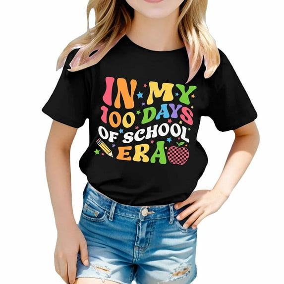 Hwmodou Girls Kids 100 Days Of School Graphic Print Crewneck Short Sleeve Boy Girl Spring T-Shirts Casual Holiday,3-13Y