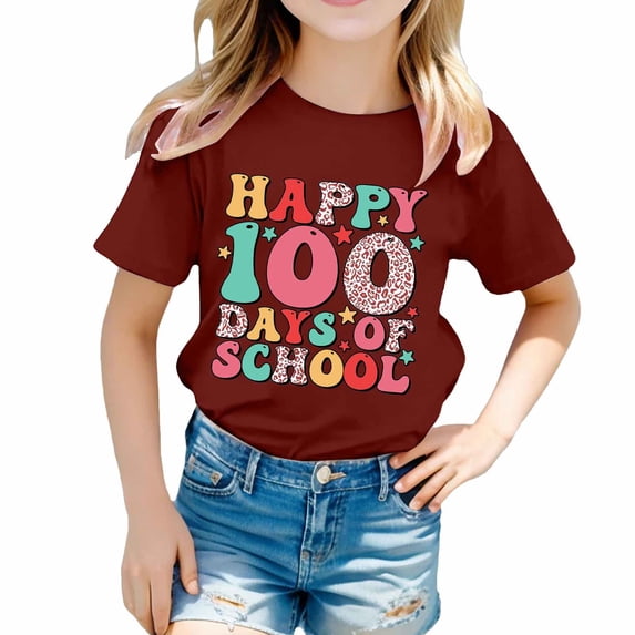 Hwmodou Girls Kids 100 Days Of School Graphic Print Crewneck Short Sleeve Boy Girl Spring T-Shirts Simple Fashion,3-13Y