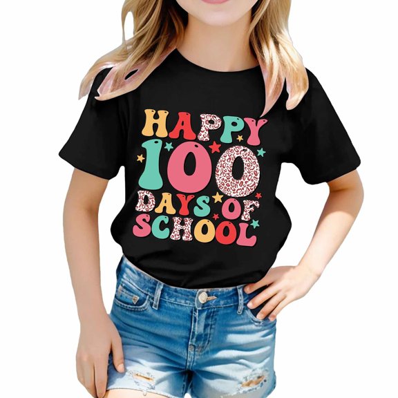 Hwmodou Girls Kids 100 Days Of School Graphic Print Crewneck Short Sleeve Boy Girl Spring T-Shirts Simple Fashion,3-13Y