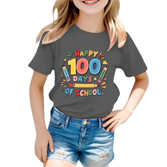 Hwmodou Girls Kids 100 Days Of School Print Crewneck Loose Short Sleeve Spring T-Shirts Simple Fashion,3-13Y