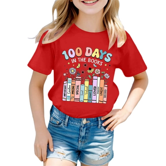 Hwmodou Girls Kids 100 Days Of School Print Crewneck Loose Short Sleeve Spring T-Shirts Simple Fashion,3-13Y