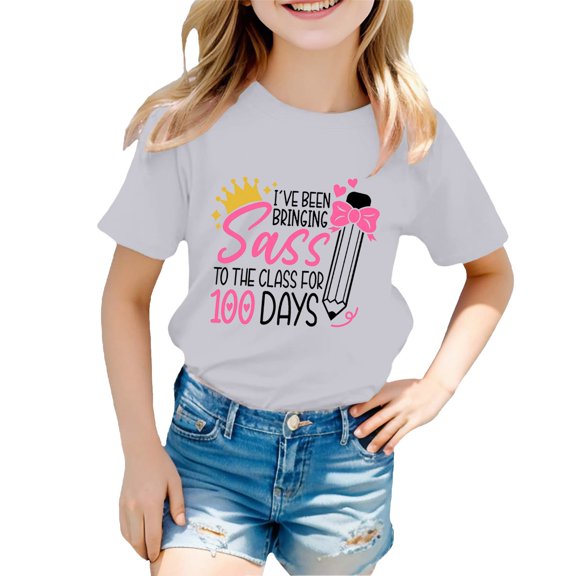 Hwmodou Girls 100 Days Of School Shirt Kids Letter Print Crewneck Loose Short Sleeve Spring T-Shirts Simple Fashion,3-13Y