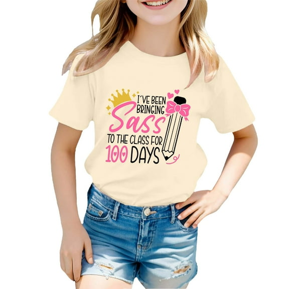 Hwmodou Girls Kids 100 Days Of School Print Crewneck Loose Short Sleeve Spring T-Shirts Simple Fashion,3-13Y