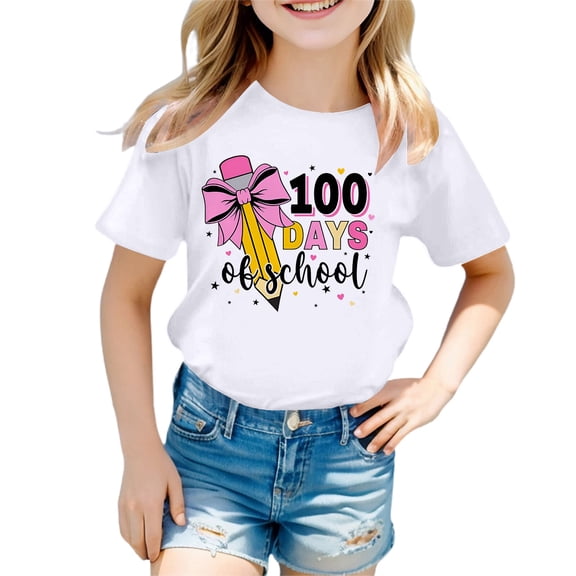 Hwmodou Girls 100 Days Of School Shirt Kids Letter Print Crewneck Loose Short Sleeve Spring T-Shirts Soft Trendy,3-13Y